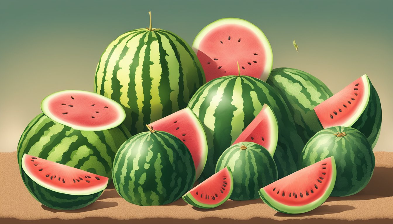 A watermelon patch with varying levels of sunlight and soil moisture, some melons cut open to reveal their sweetness levels