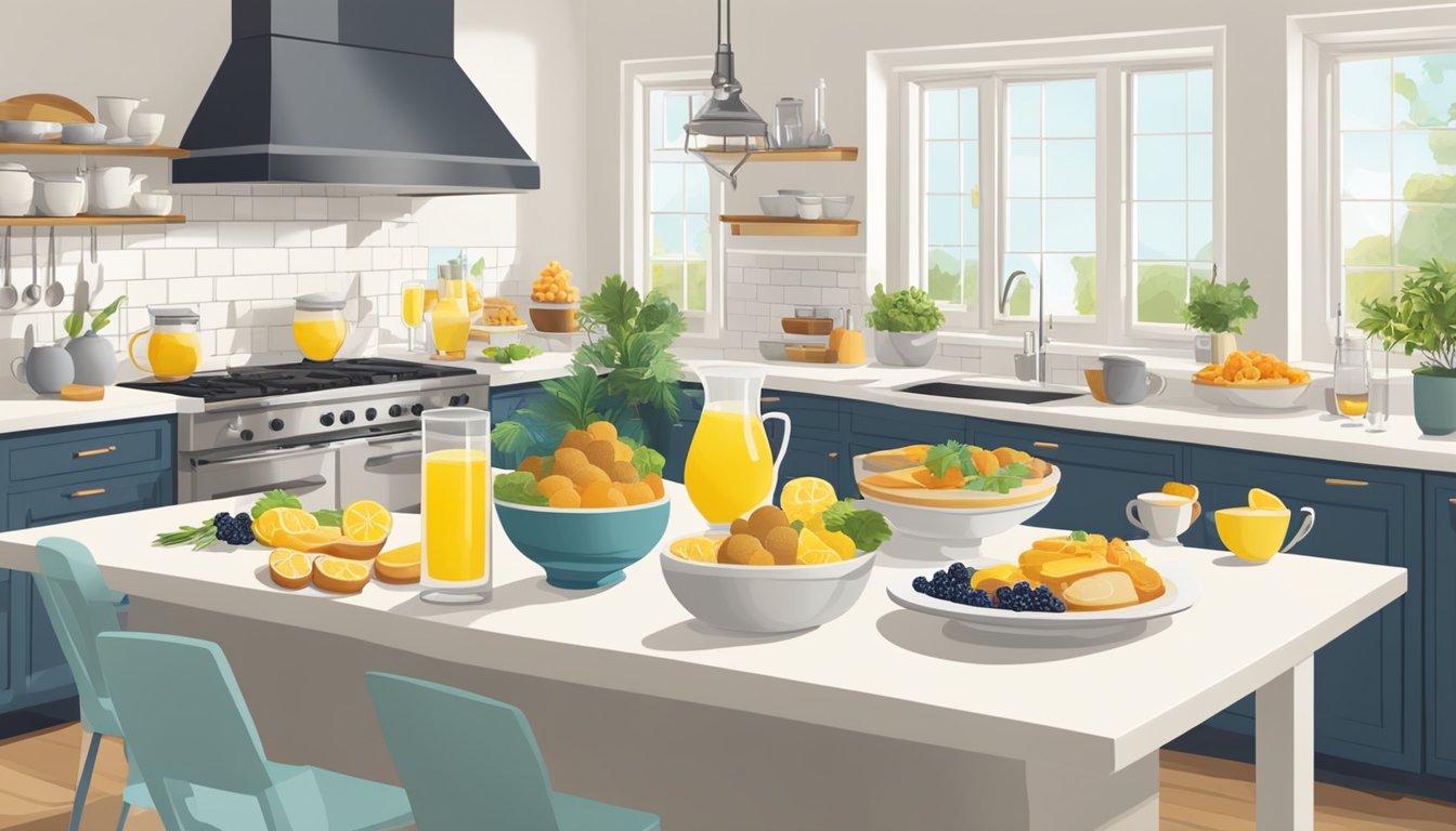 A table set with mimosas, coffee, and a variety of brunch dishes being prepared in a bright, airy kitchen