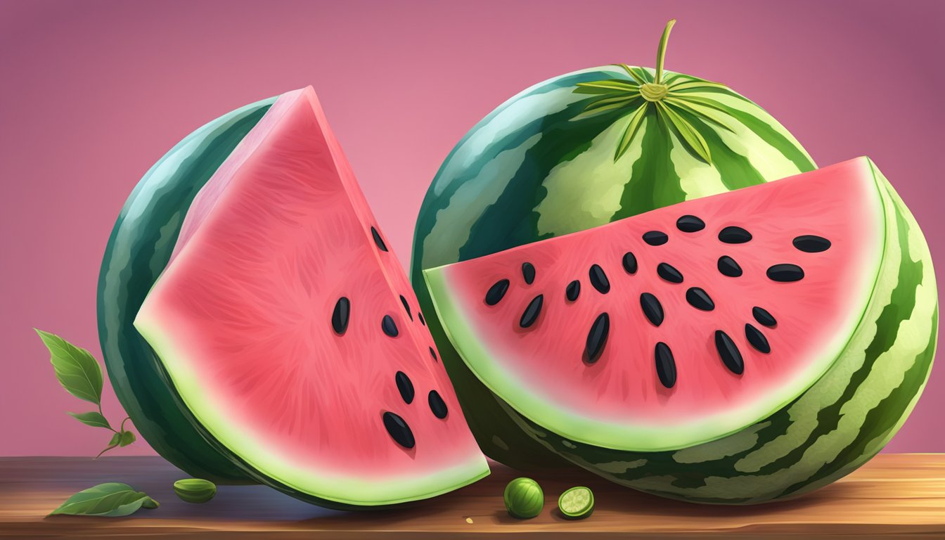 A juicy watermelon with vibrant pink flesh and seeds, surrounded by green rind, sitting on a wooden cutting board