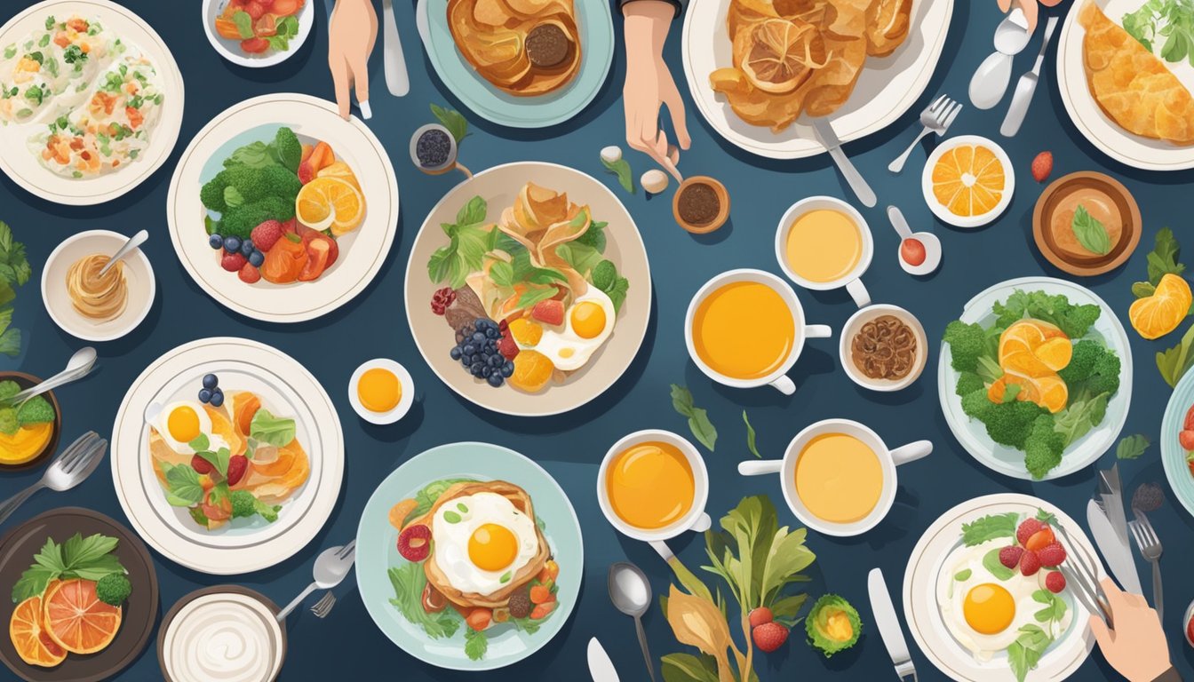 A chef arranging a spread of brunch dishes on a table with colorful ingredients and elegant tableware