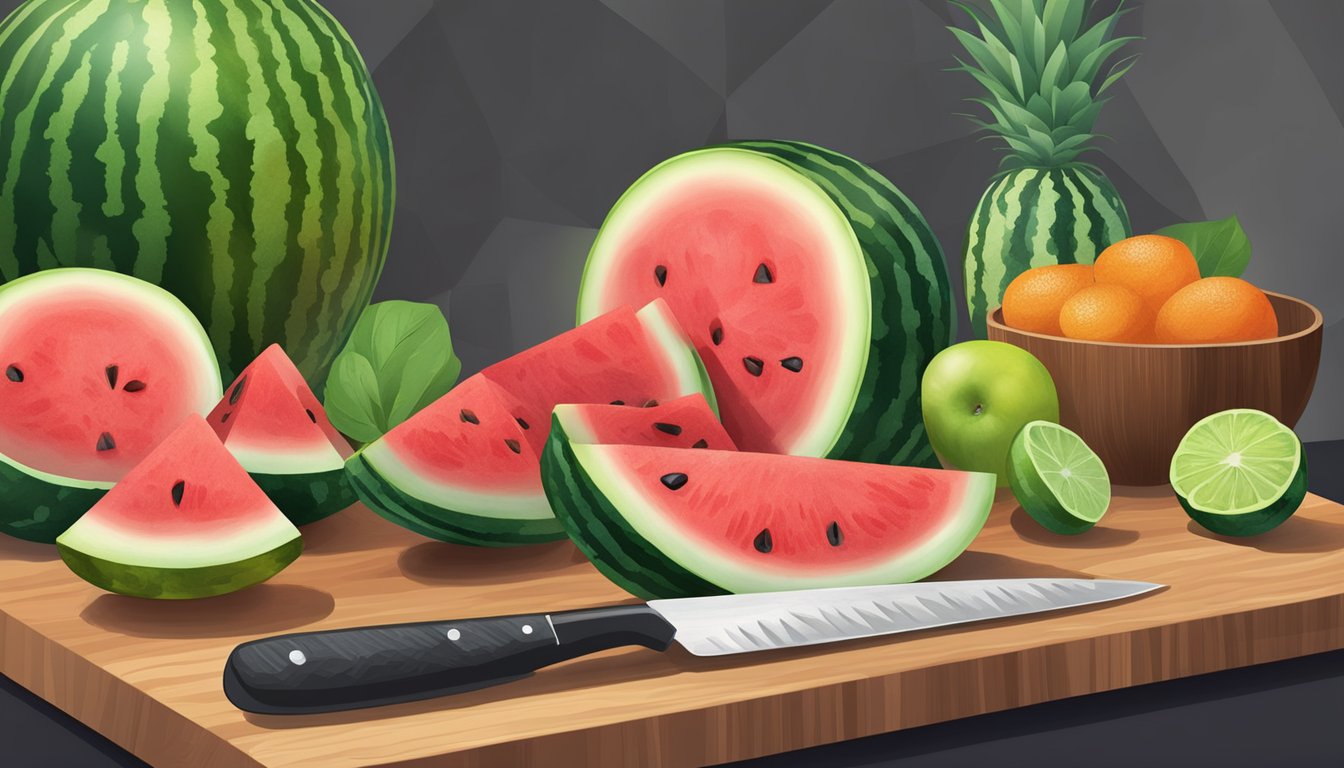 A watermelon without skin being sliced into cubes on a cutting board, with a chef's knife and a bowl of fruit salad nearby