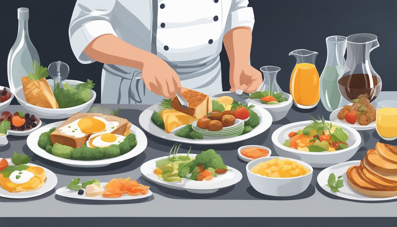 A chef expertly arranges an array of gourmet brunch dishes on a sleek, modern serving platter. Ingredients and utensils are neatly organized nearby