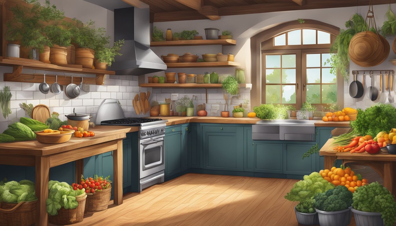 A rustic kitchen with fresh produce spilling out of baskets, pots simmering on the stove, and colorful herbs hanging to dry