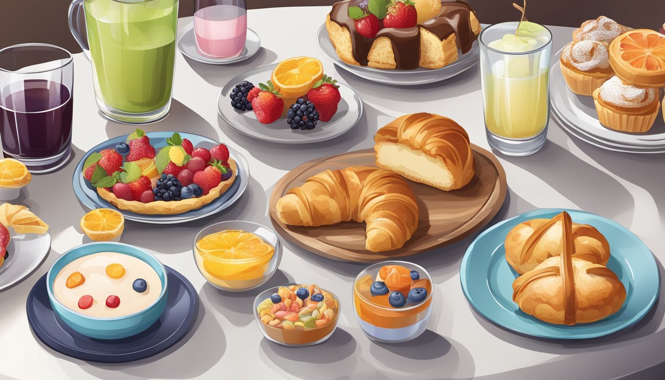 A table set with an assortment of pastries, fruit, and sweet treats, surrounded by empty plates and half-finished drinks