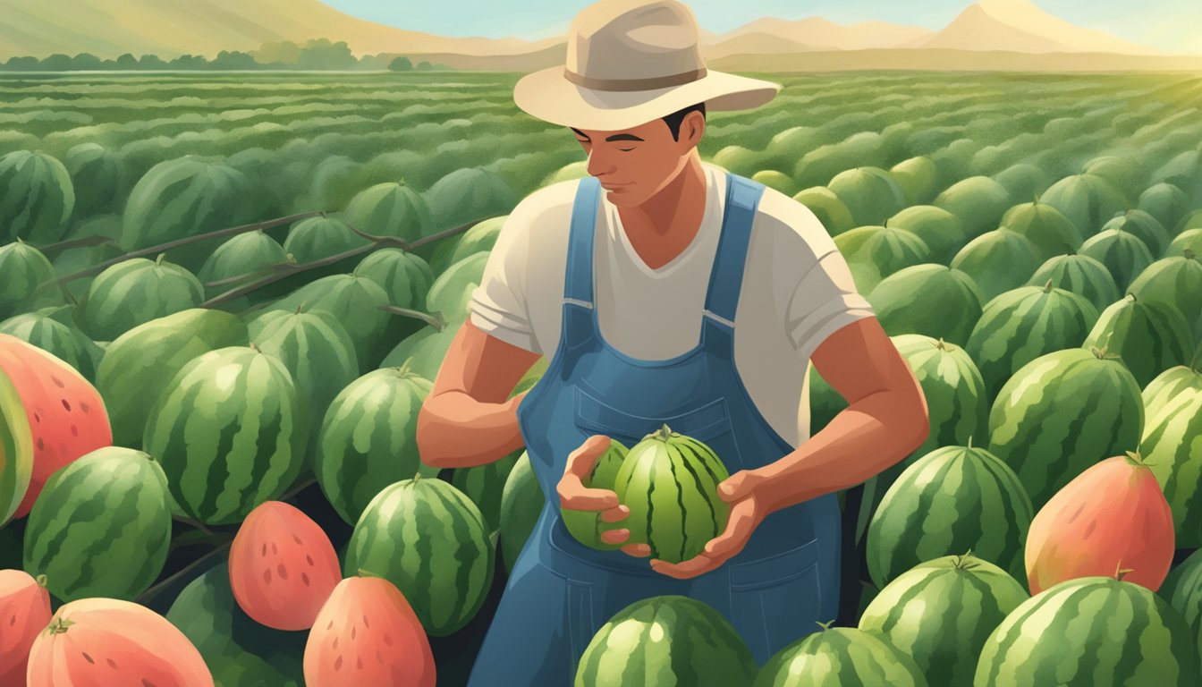 A farmer spraying a natural sweetener on freshly harvested watermelons to enhance their sweetness