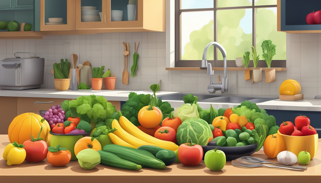 A colorful array of fresh fruits and vegetables arranged on a clean, organized kitchen counter, with a variety of cooking utensils and healthy recipe books nearby