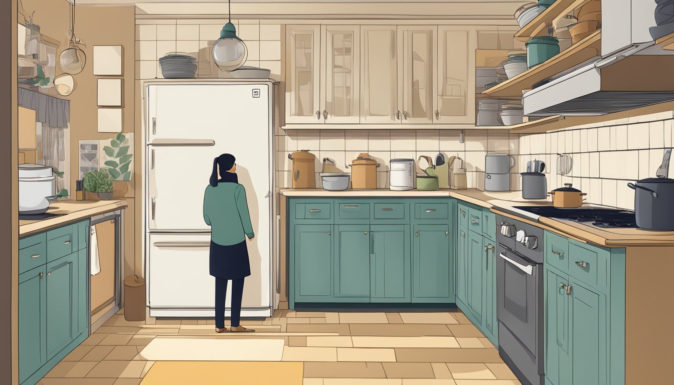 A cluttered kitchen with empty cupboards and a small pot on a stove. A worried expression on a faceless figure's silhouette