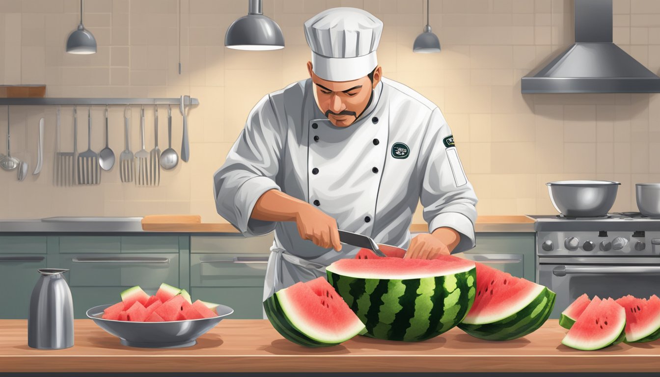 A chef slicing a watermelon into thin strips resembling tuna