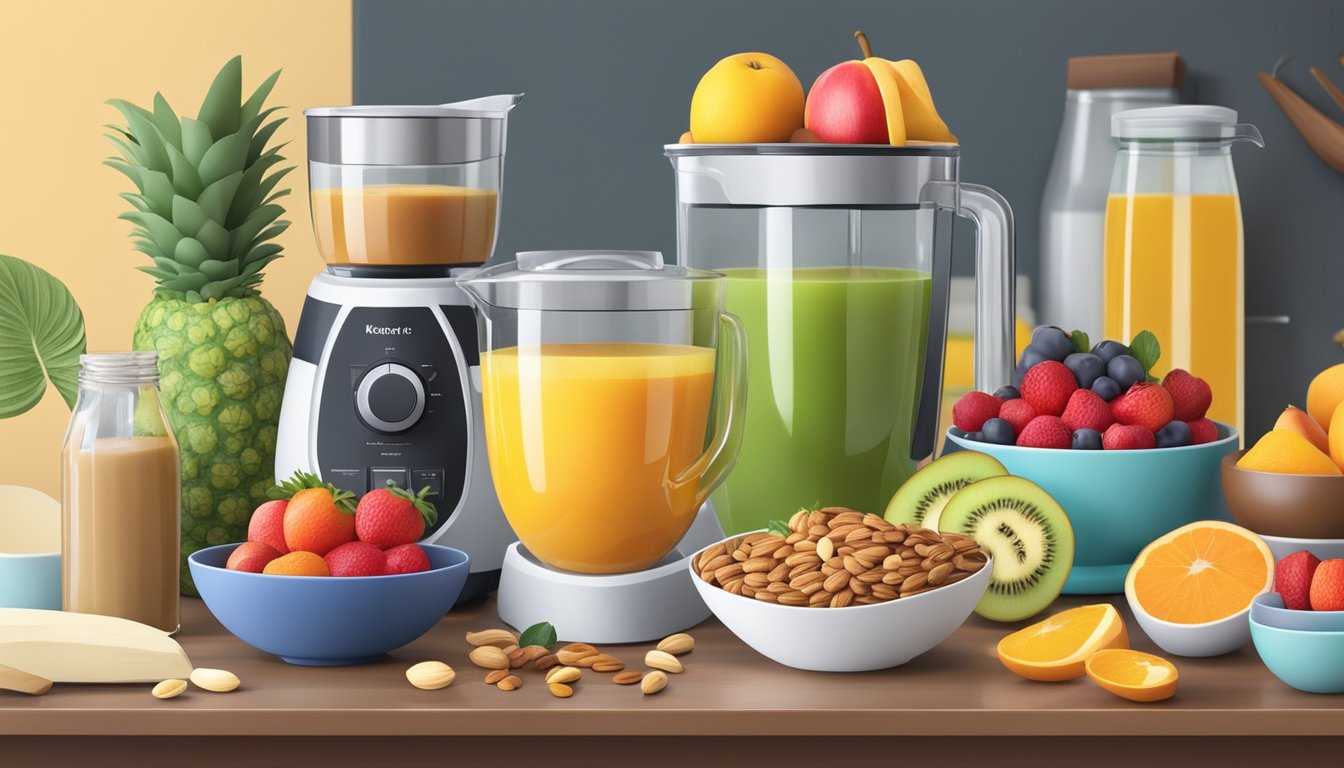 A kitchen counter with an array of colorful fruits, nuts, and natural sweeteners. A blender and mixing bowls sit ready for use, surrounded by fresh ingredients and recipe books