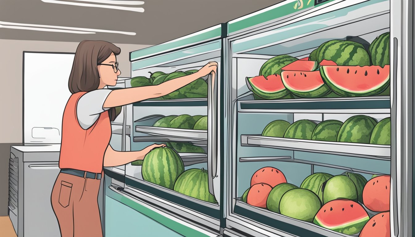 A hand reaching for a watermelon at a grocery store, then placing it in a refrigerator