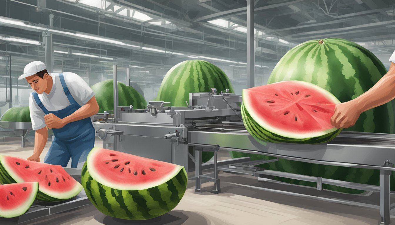 A watermelon being stretched and pulled like rubber in a food processing factory