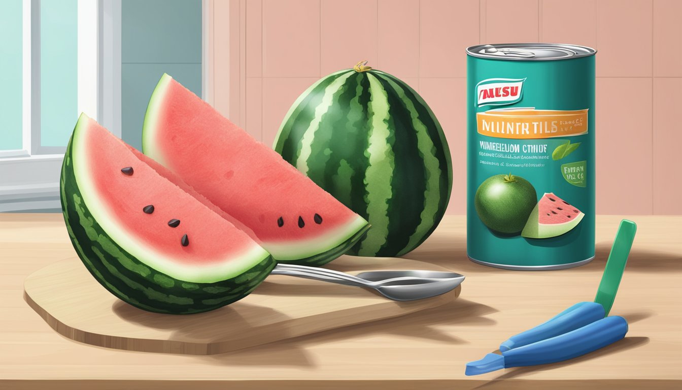 A watermelon and a can of tuna sitting side by side on a kitchen counter