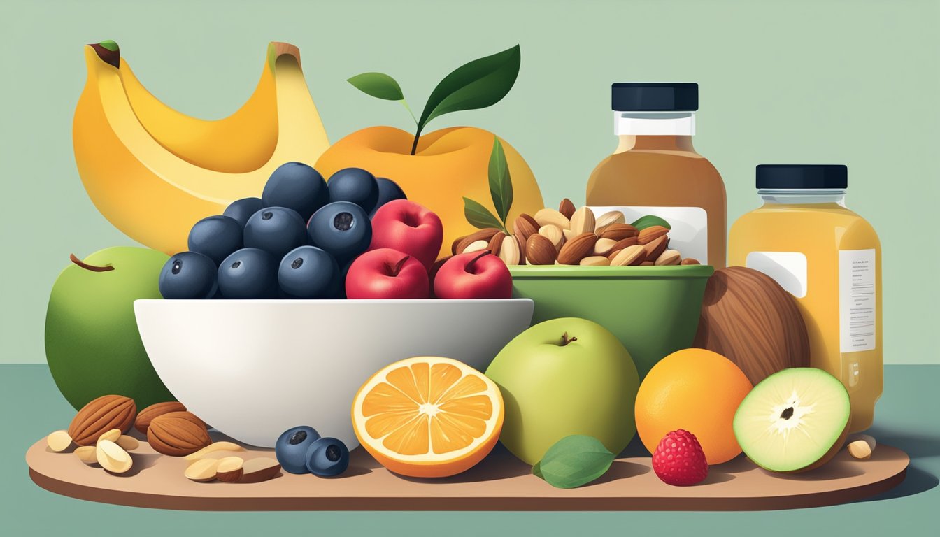 A colorful array of fresh fruits, nuts, and natural sweeteners arranged on a clean, minimalist kitchen counter