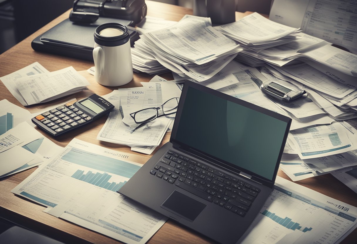 A cluttered desk with a laptop, calculator, and paperwork. A stack of bills and receipts is visible, along with a chart of fees