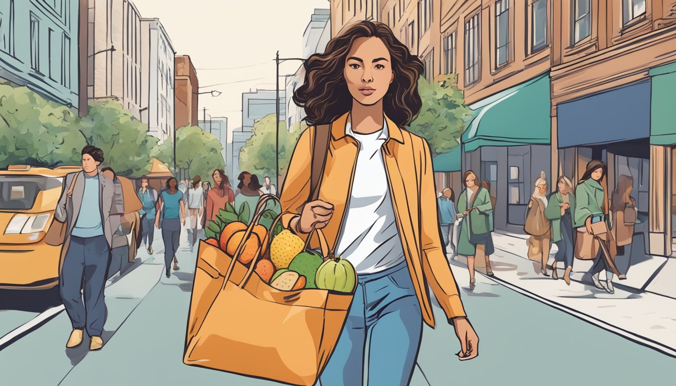 A woman carries a tote bag filled with fresh fruits, nuts, and energy bars while walking through a bustling city street. She looks determined to maintain her healthy snacking habits despite her busy lifestyle