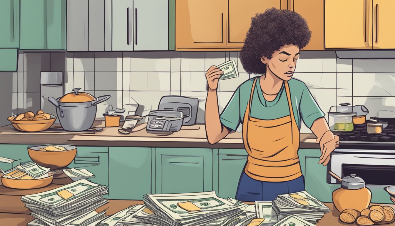 A person in a kitchen with a pile of bills and a credit card, looking stressed while trying to cook