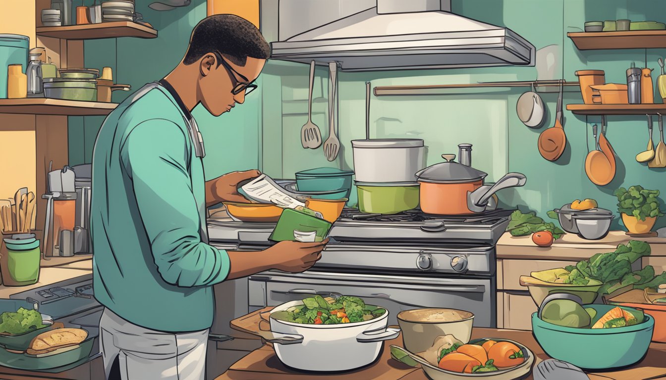 A person reading a financial literacy book while cooking a simple meal in a cluttered kitchen