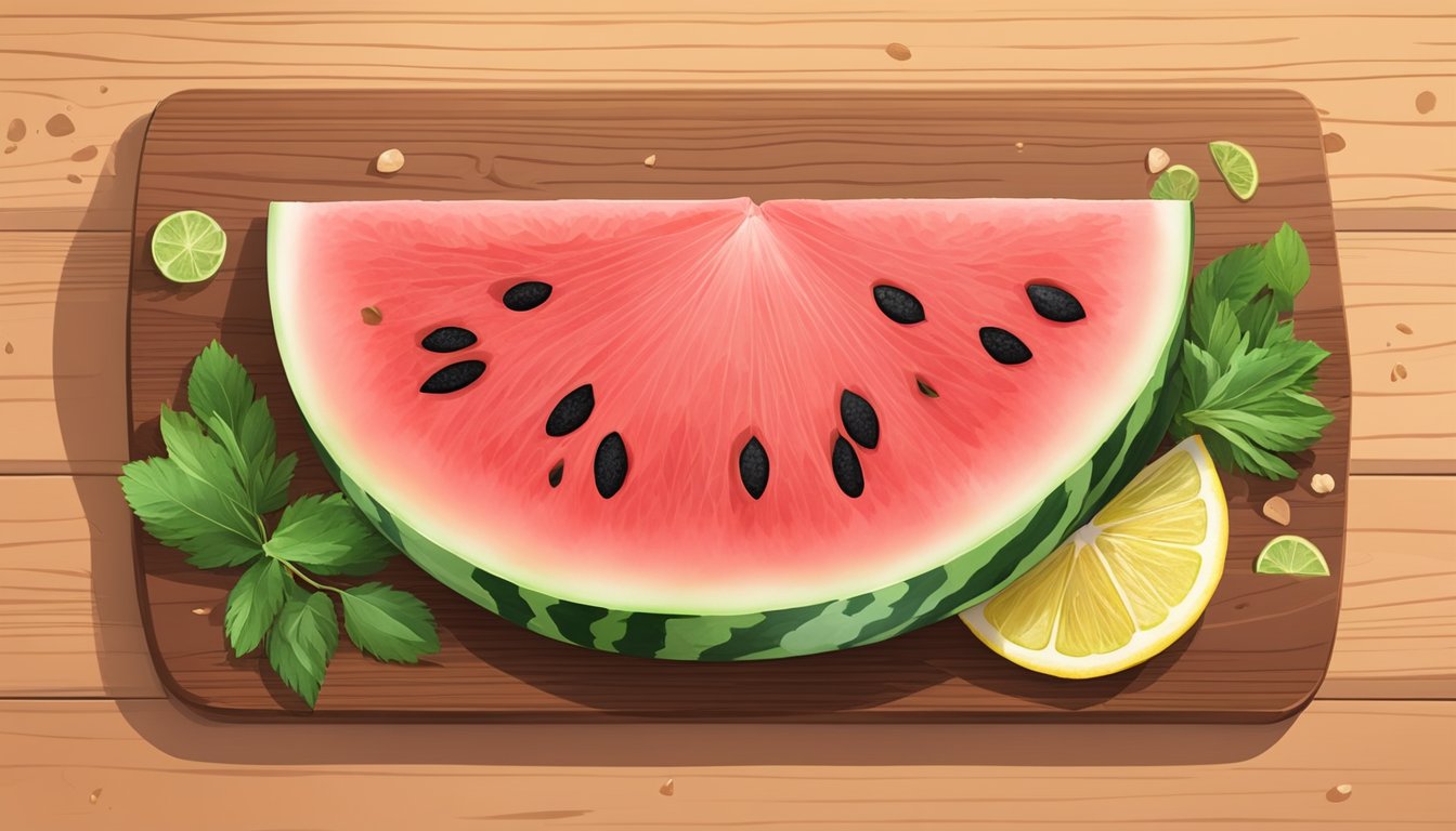 A watermelon sliced and arranged to resemble a tuna steak, surrounded by fresh herbs and lemon slices on a wooden cutting board