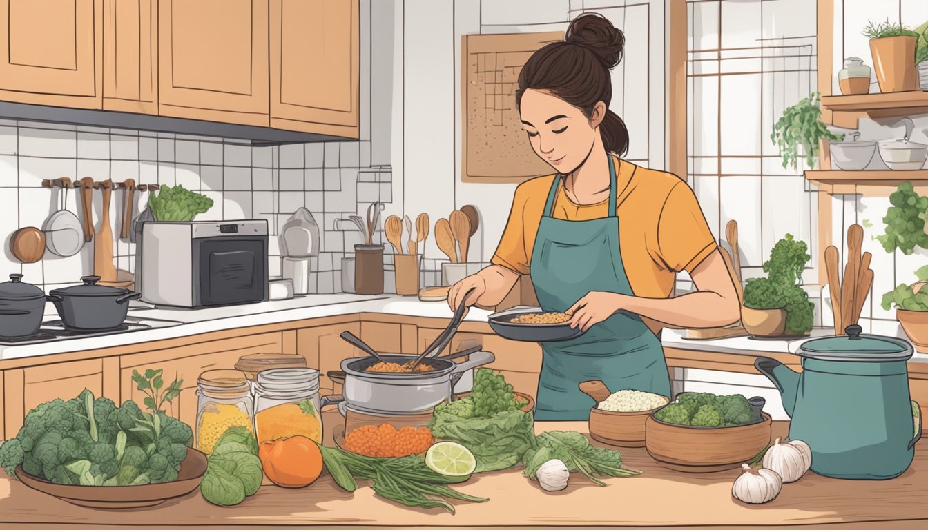 A person calmly cooking a simple meal in a cozy kitchen, surrounded by a few affordable ingredients and a handwritten recipe