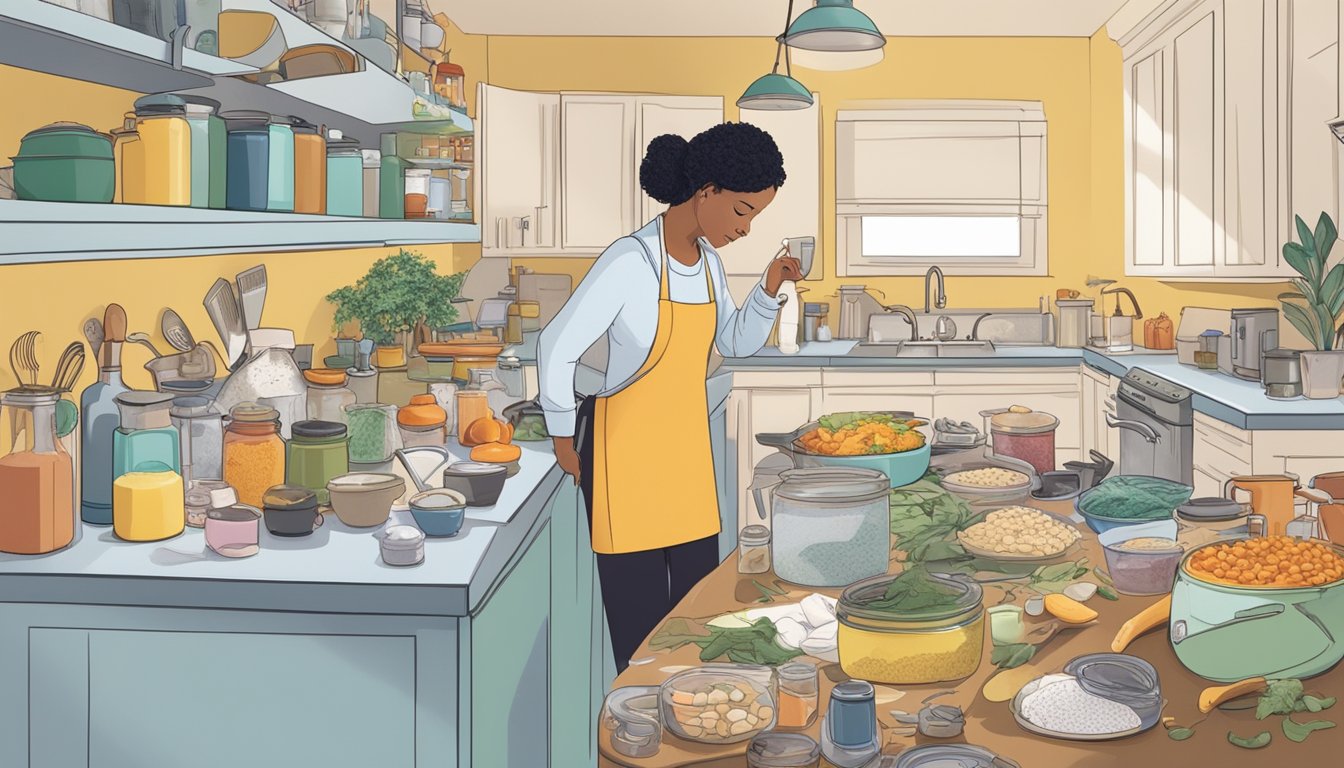 A cluttered kitchen with spilled ingredients, a timer going off, and a person looking overwhelmed