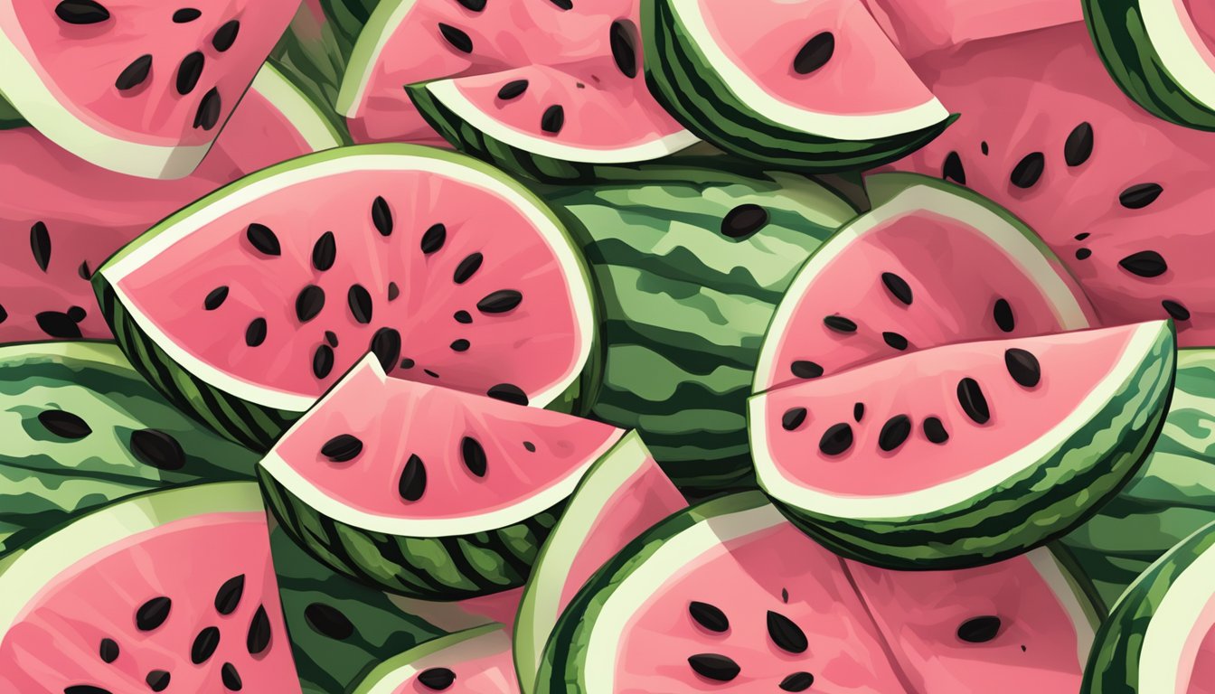 A ripe watermelon with a slice cut out, revealing the juicy pink flesh and black seeds