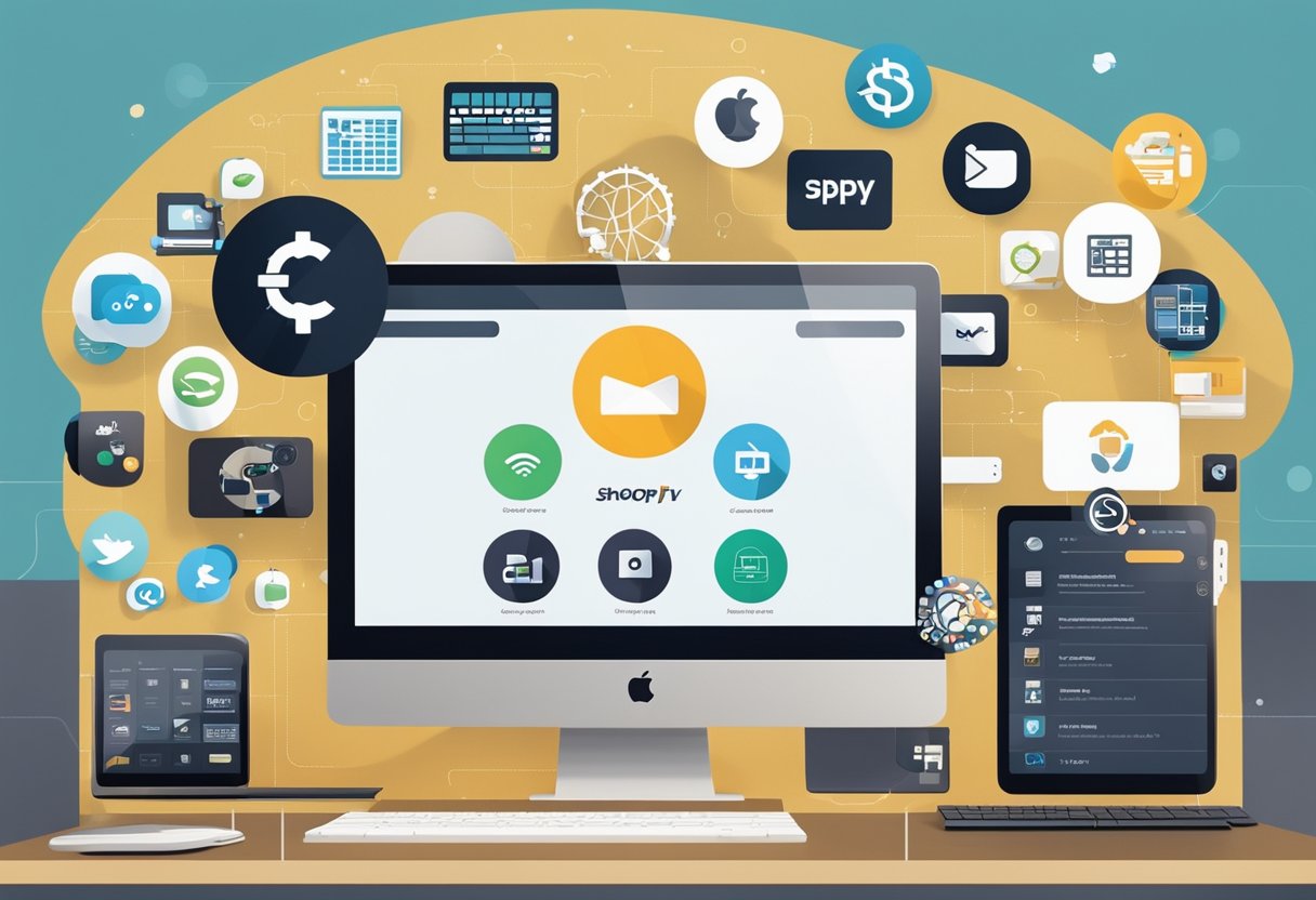 A bustling online marketplace with various Shopify app icons floating around a computer screen, representing the must-have apps to boost sales and streamline operations