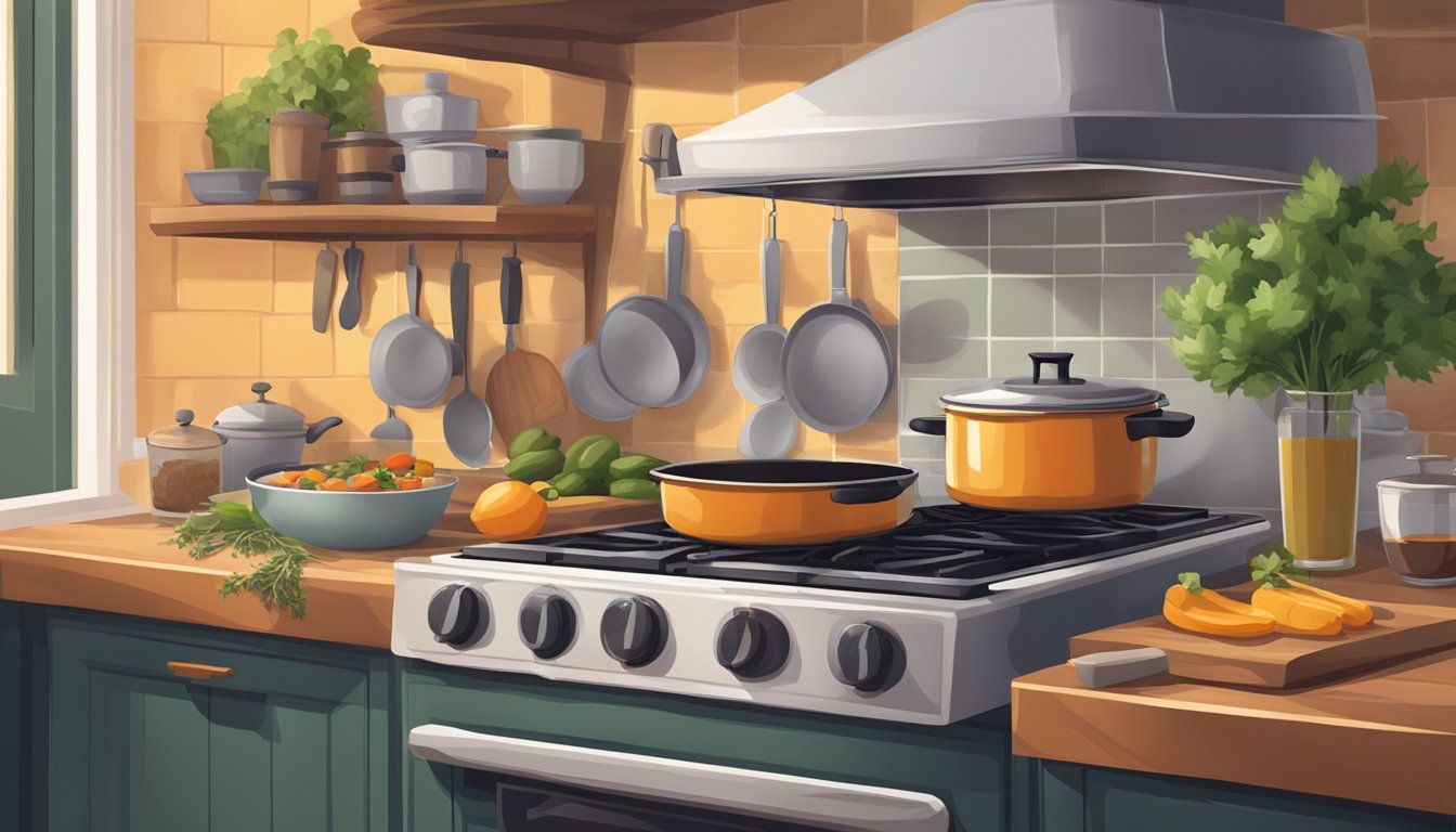 A cozy kitchen with a pot simmering on the stove, a cutting board with fresh ingredients, and a warm, inviting atmosphere