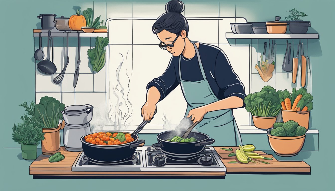 A person calmly chopping vegetables, boiling water, and stirring a pot on the stove while taking deep breaths