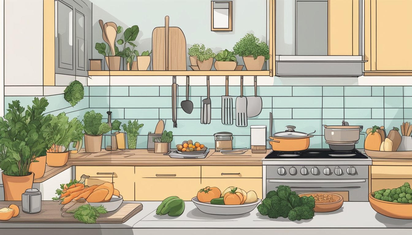 A serene kitchen with fresh ingredients being prepared and a calming atmosphere to cook in while coping with anxiety