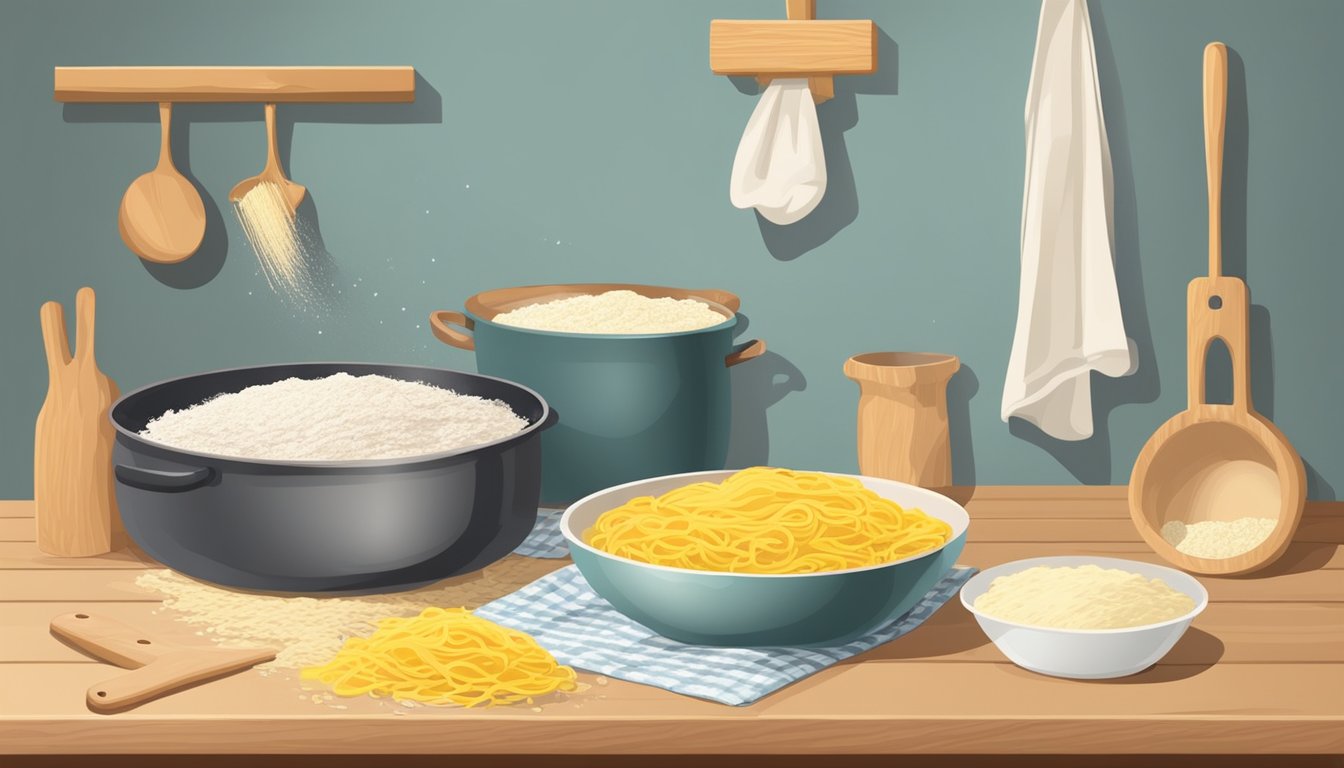 A wooden countertop with flour, eggs, and a rolling pin. A pot of boiling water and a colander nearby. Homemade pasta drying on a rack