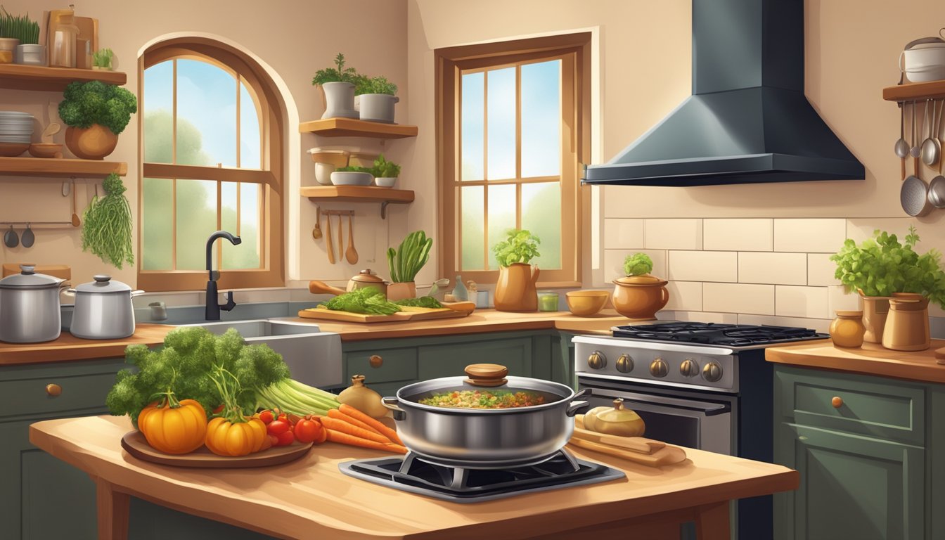 A cozy kitchen with a simmering pot on the stove, a warm oven emitting a golden glow, and a table set with comforting ingredients like fresh herbs and hearty vegetables