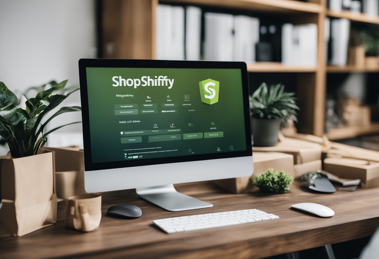 A computer screen displaying the Shopify website builder interface with various tools and options, a mouse cursor clicking and dragging elements to create a webpage