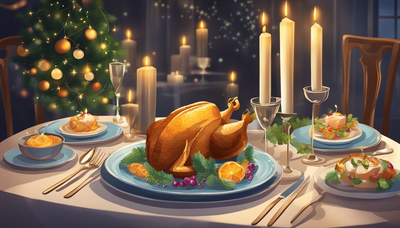 A beautifully set table with an elegantly arranged main course surrounded by festive decorations and candles