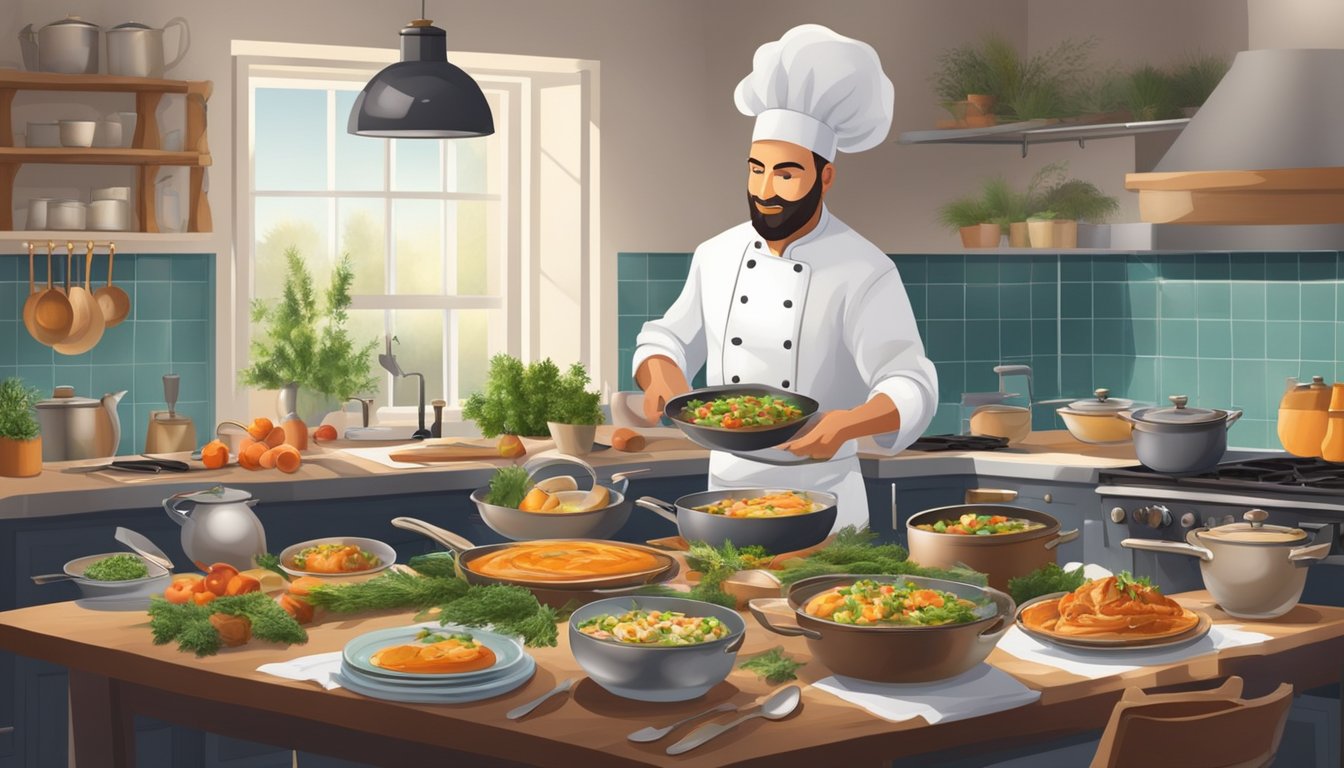 A beautifully set dining table with a festive centerpiece, surrounded by pots and pans on a stove, and a chef skillfully preparing a special meal