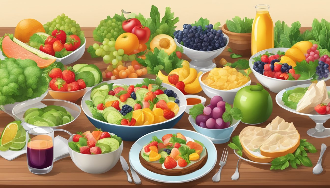 A table set with various colorful and appetizing dishes, including a mix of fruits, vegetables, and proteins, arranged in an inviting and interactive manner