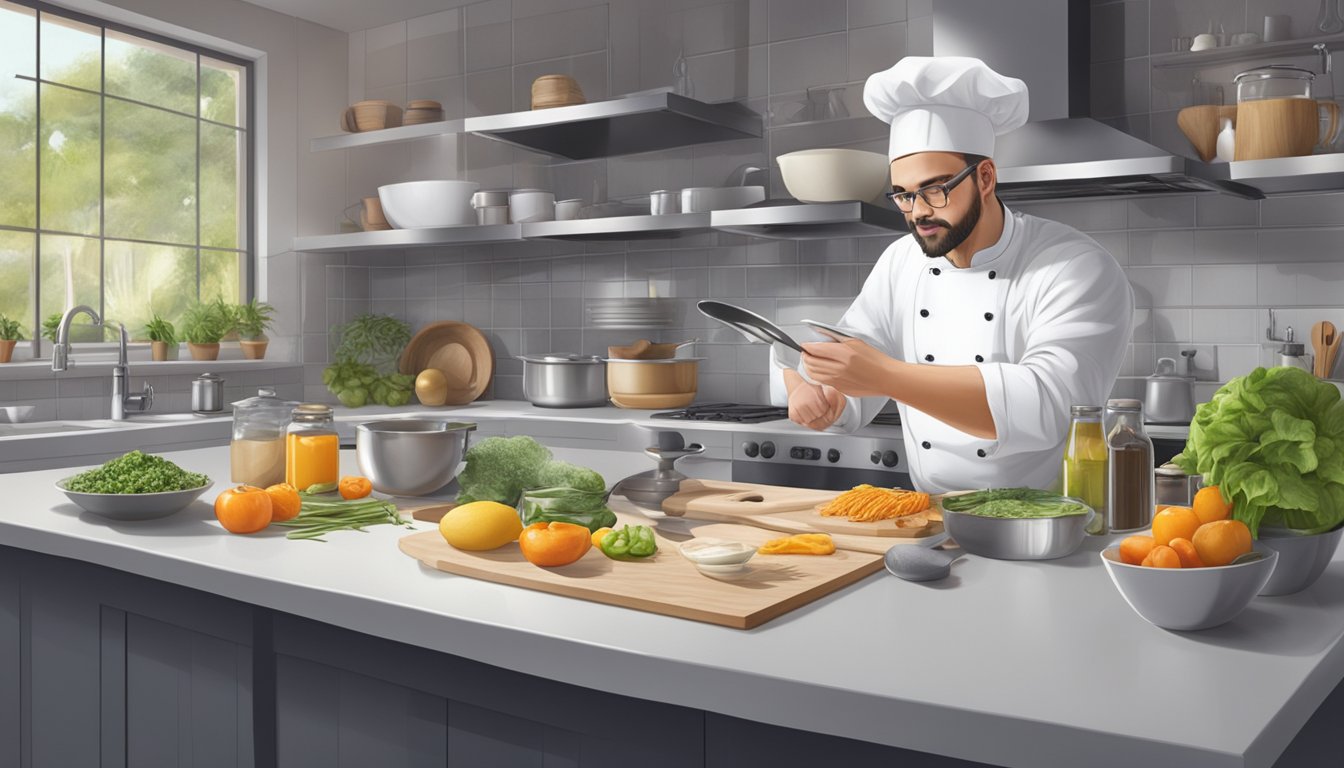 A chef in a new kitchen, surrounded by unfamiliar utensils and ingredients, adjusting recipes to fit the foreign environment