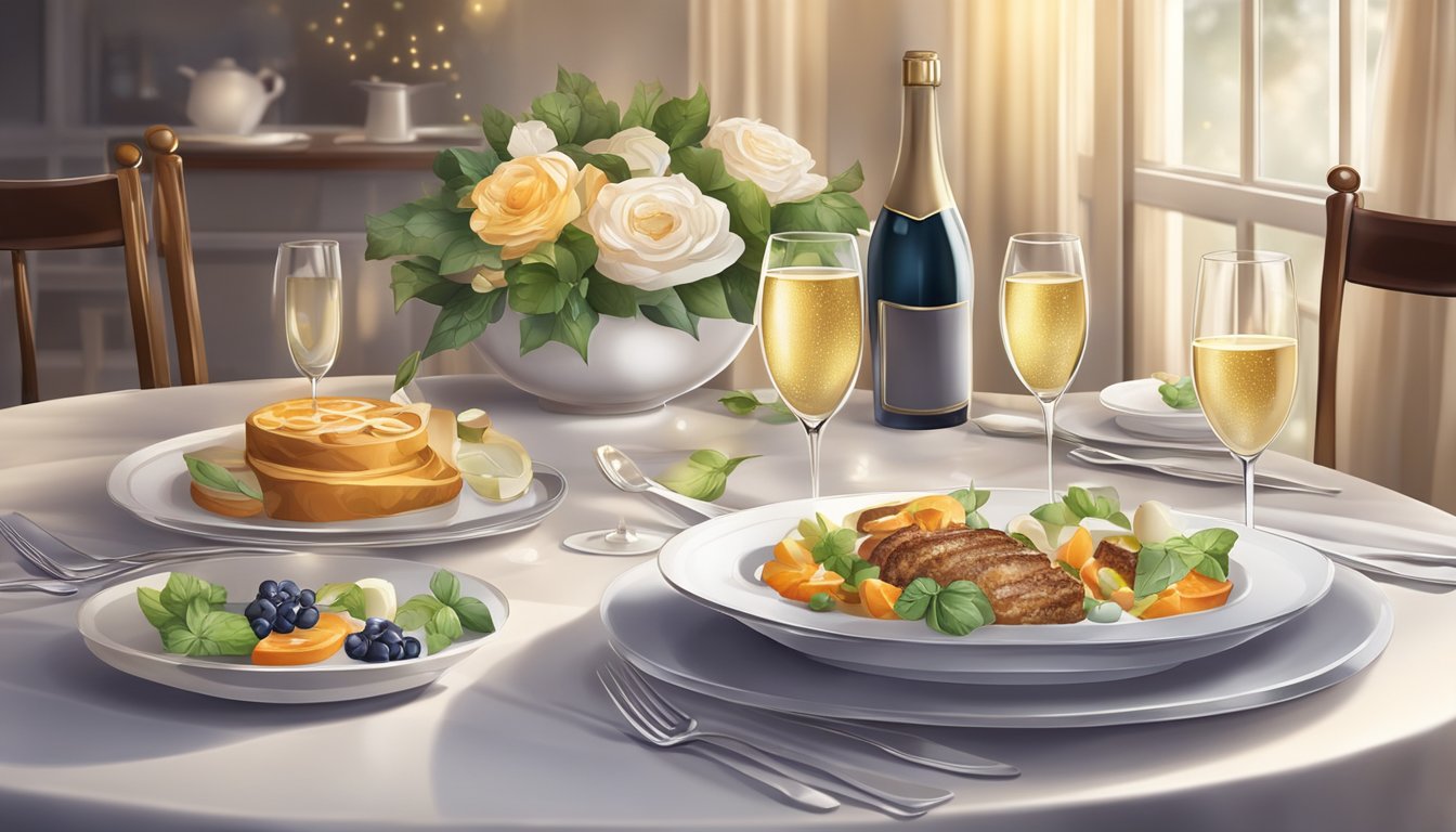 A beautifully set dining table with a gourmet meal and sparkling wine, surrounded by elegant decor and soft lighting