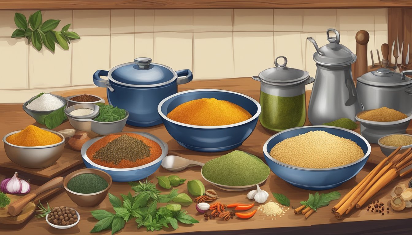 A colorful array of exotic ingredients and spices spread out on a rustic foreign kitchen counter, surrounded by pots, pans, and cooking utensils