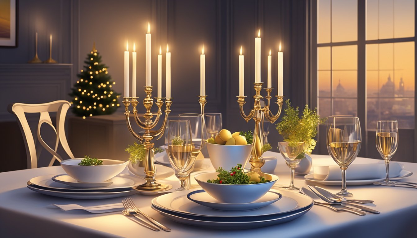 A beautifully set dining table with elegant place settings, surrounded by the glow of candlelight and adorned with festive decorations