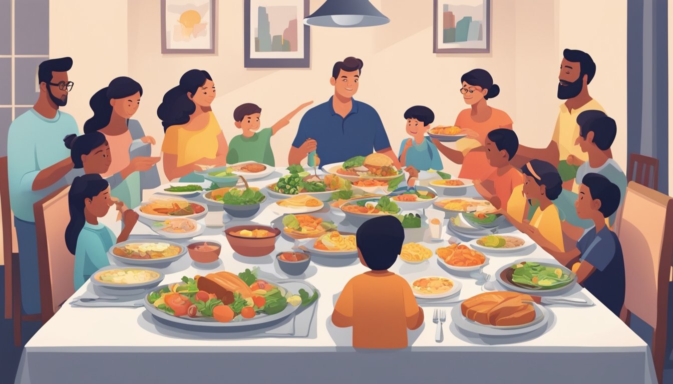 A family dinner table with a variety of dishes, some plain and others more elaborate, as a parent tries to accommodate picky eaters