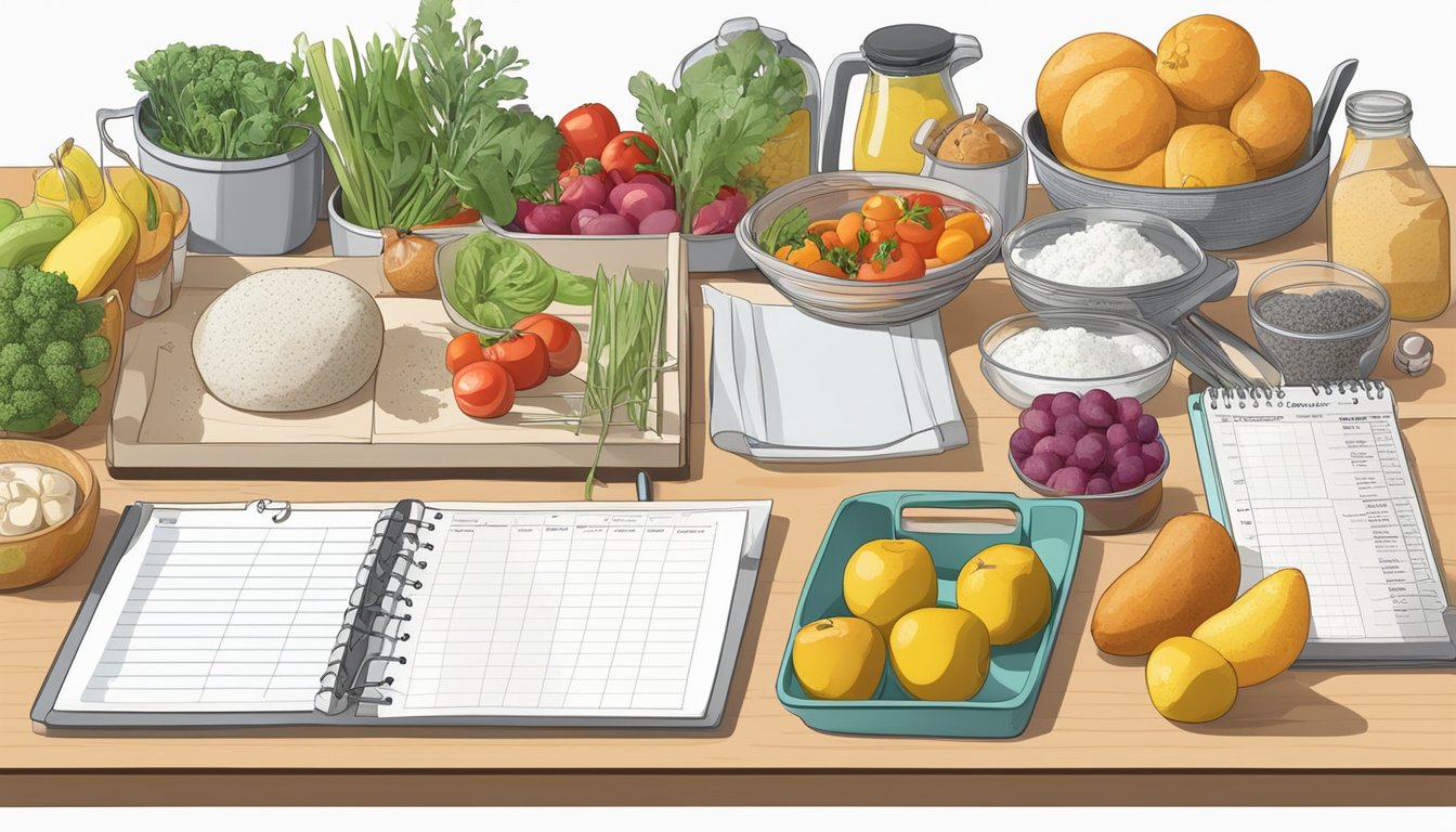 A kitchen counter with a weekly meal planner, grocery list, and various fresh ingredients laid out for meal preparation