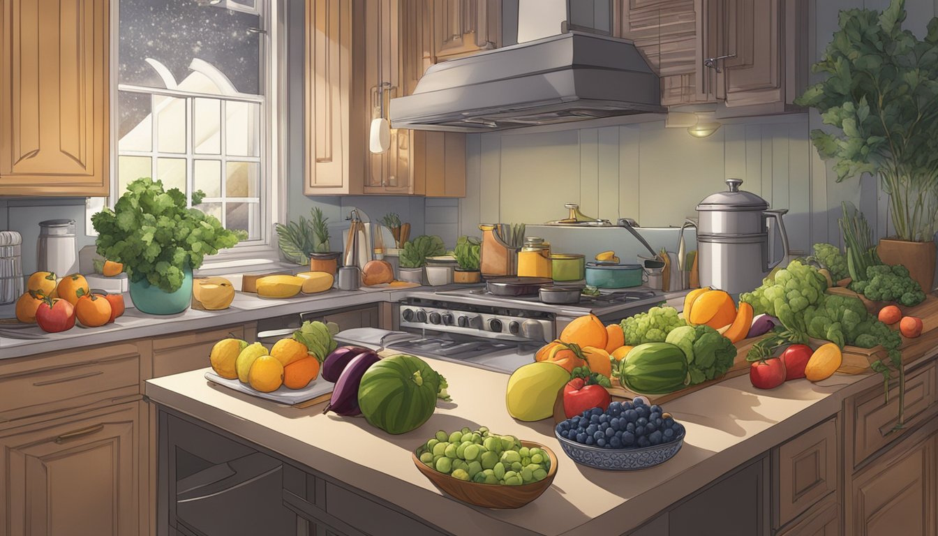 A dimly lit kitchen with a cluttered countertop, an open cookbook, and a variety of fresh fruits and vegetables laid out for preparation