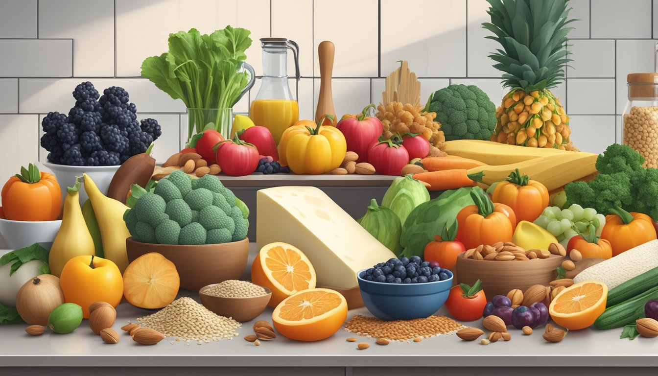 A colorful array of fruits, vegetables, nuts, and grains spread out on a kitchen counter, with a variety of dairy-free cooking ingredients and utensils nearby