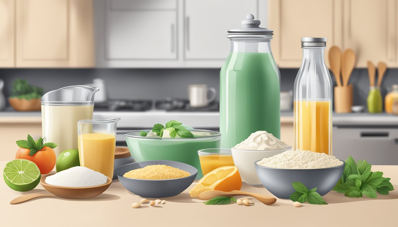 A kitchen counter with various dairy-free ingredients and cooking utensils