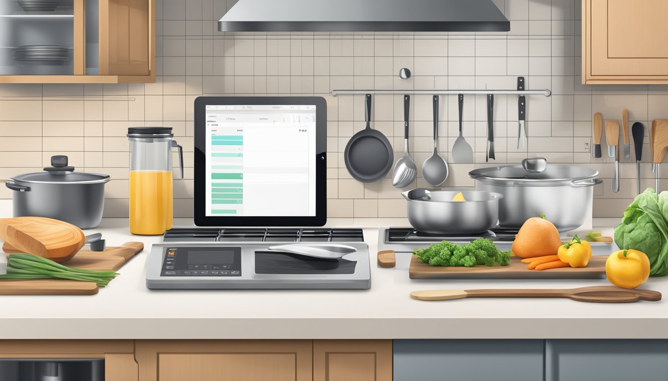 A modern kitchen with smart cooking tools neatly arranged on the counter, a digital recipe displayed on a tablet, and a busy schedule planner on the wall