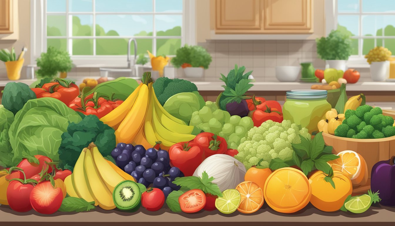 A colorful array of fresh fruits, vegetables, and whole grains arranged on a kitchen counter, alongside a variety of herbs and spices