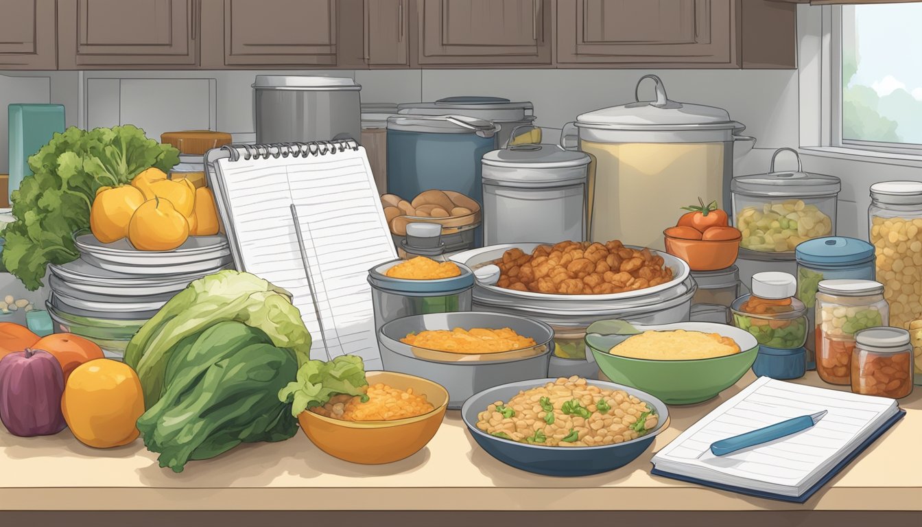 A cluttered kitchen counter with various containers of prepared food, a busy schedule planner, and a stack of recipe books