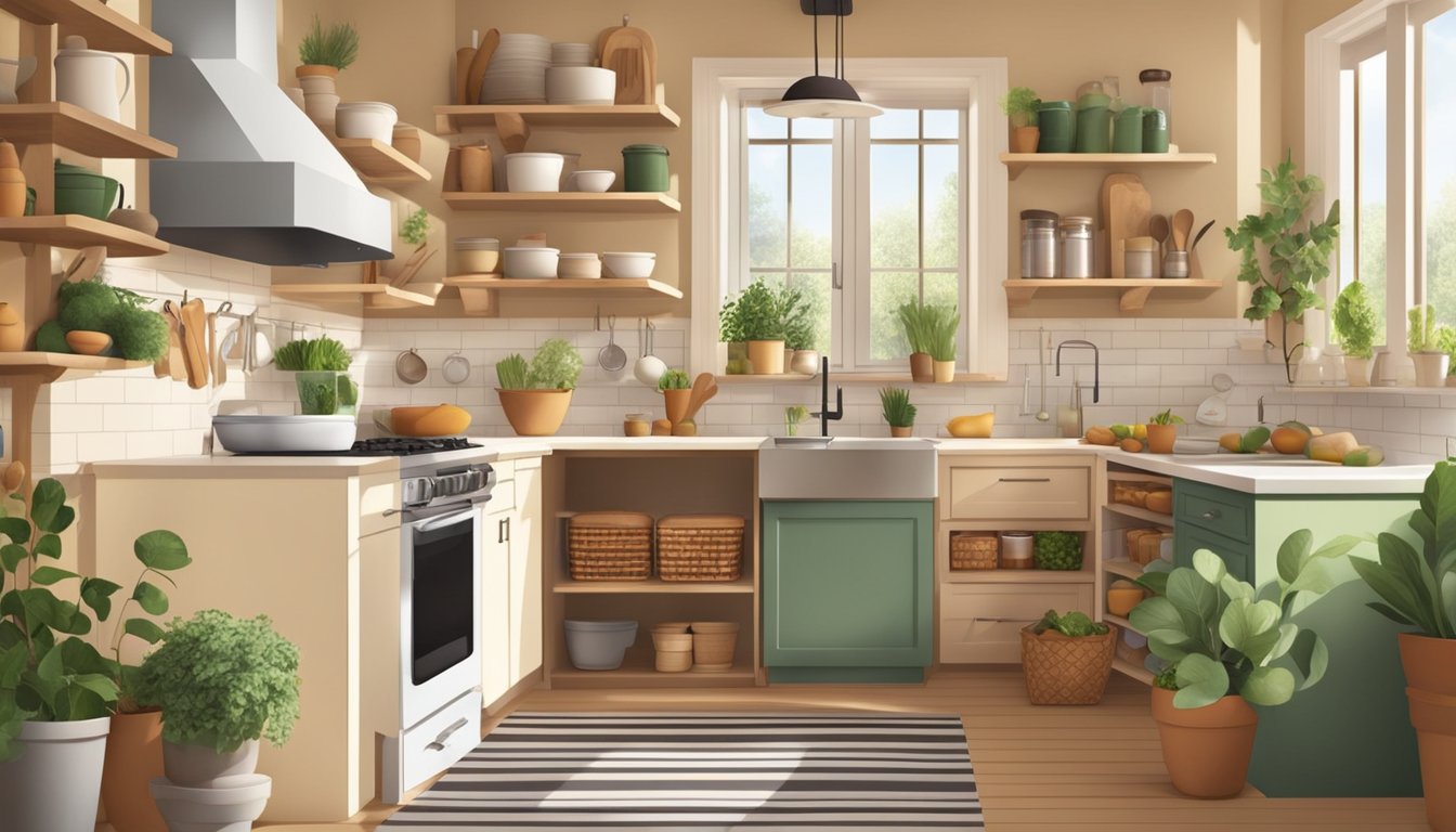 A cozy kitchen with fresh ingredients, a neatly organized pantry, and a warm, inviting atmosphere