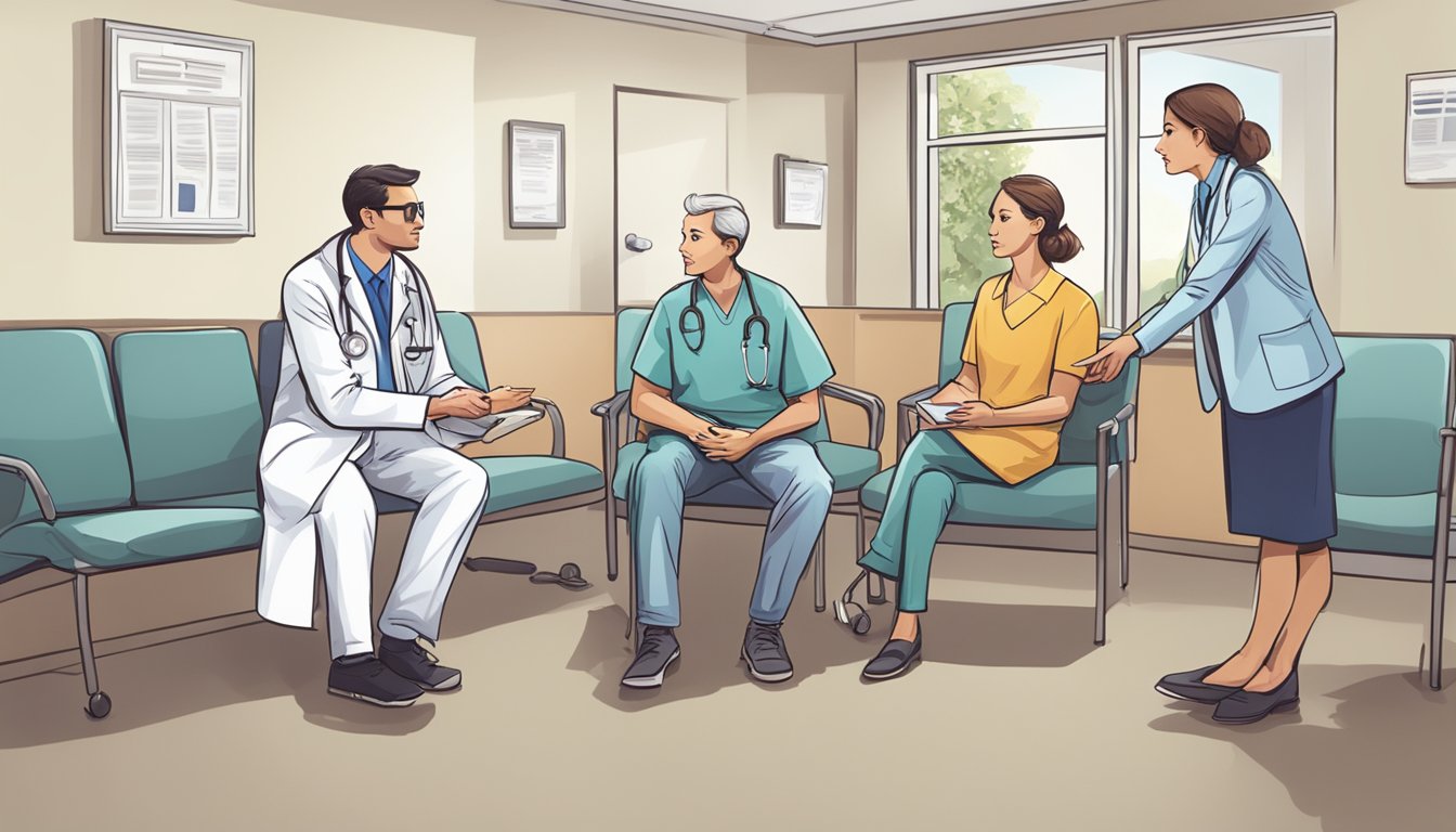 A doctor explaining critical illness insurance exclusions to a concerned couple in a hospital waiting room