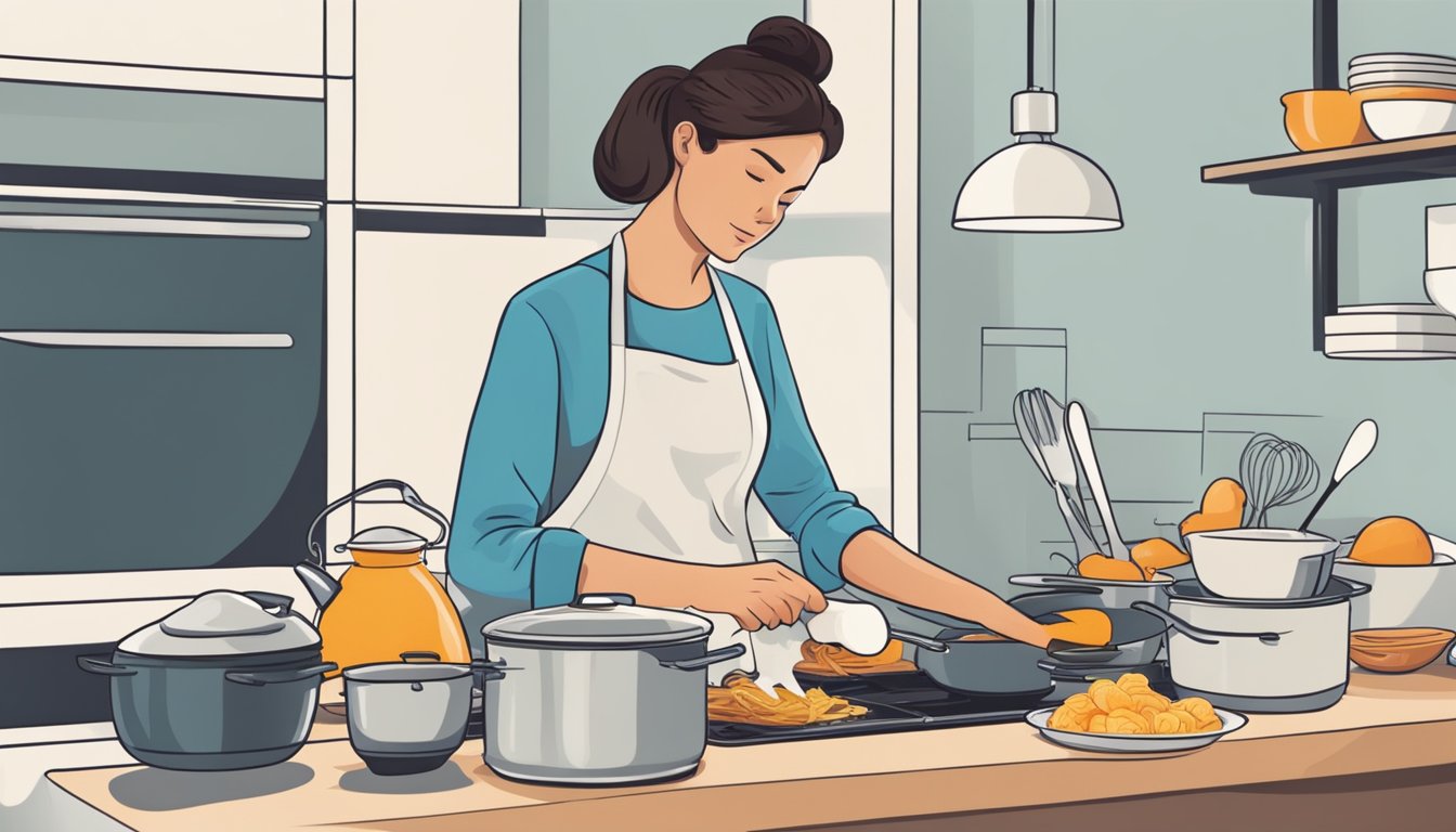 A person multitasking, cooking while managing work and household tasks